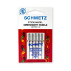 Schmetz Embroidery Needles System 130/705 H-E, size 75/11. One card containing 5 needles.