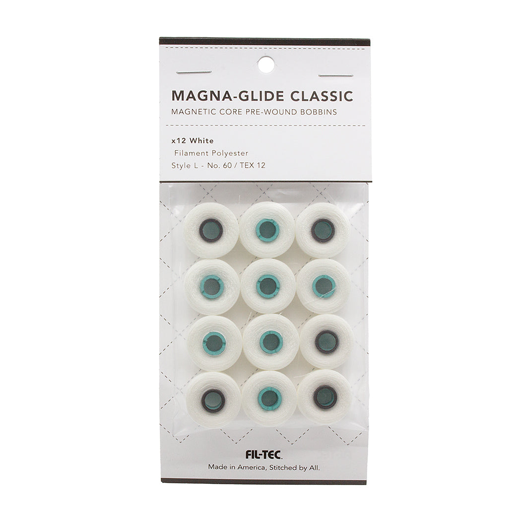 Magna-Glide Classic Style L pre-wound bobbins - 130yds - White. One packet containing 12 bobbins.