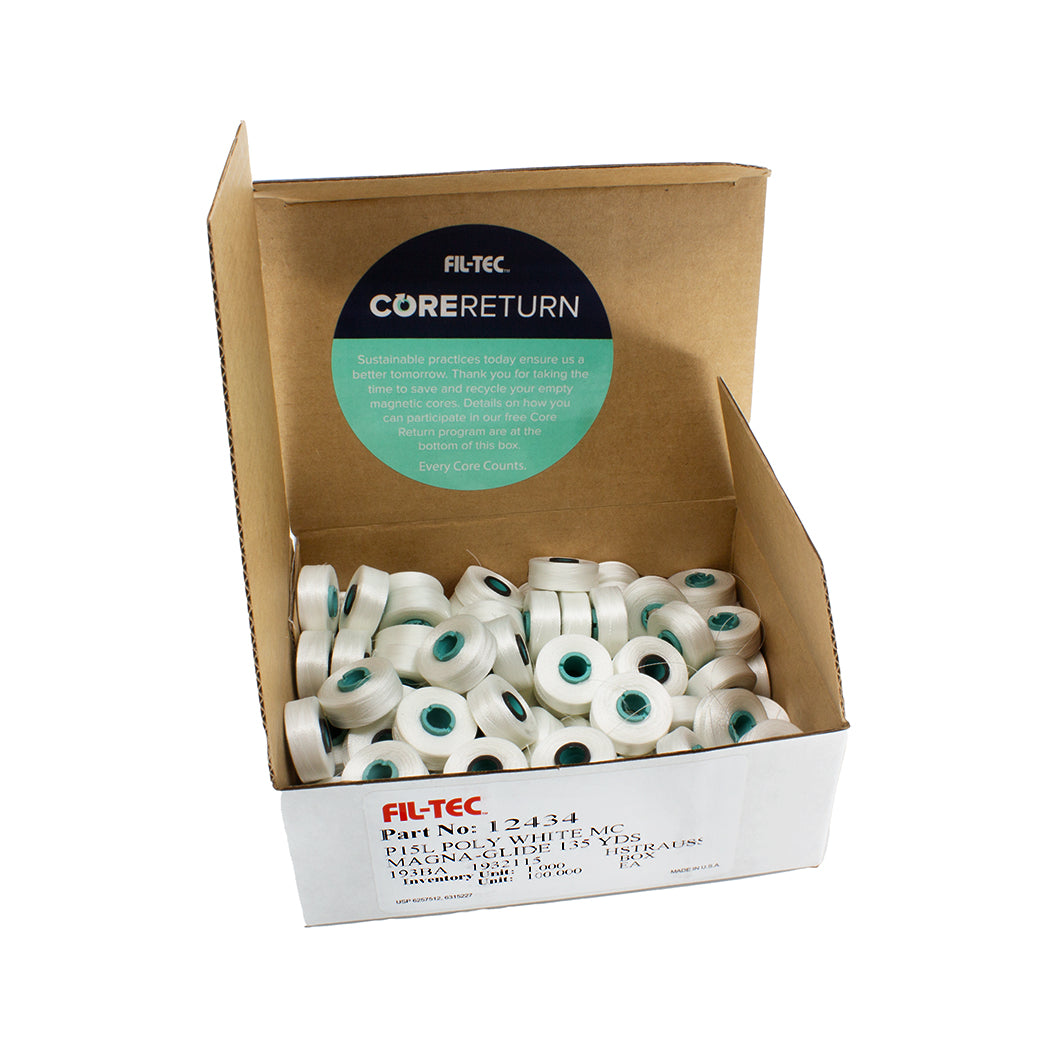 Magna-Glide Classic Style L White - pre-wound bobbins, 100 bobbins per box. By FIL-TEC.