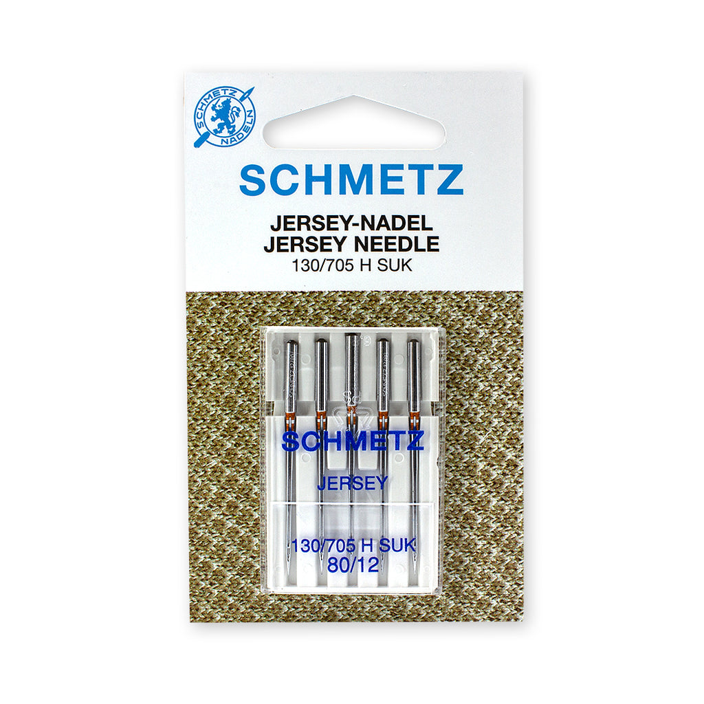 Schmetz Jersey Needles, size 80/12. System 130/705 H SUK. One card containing 5 needles.