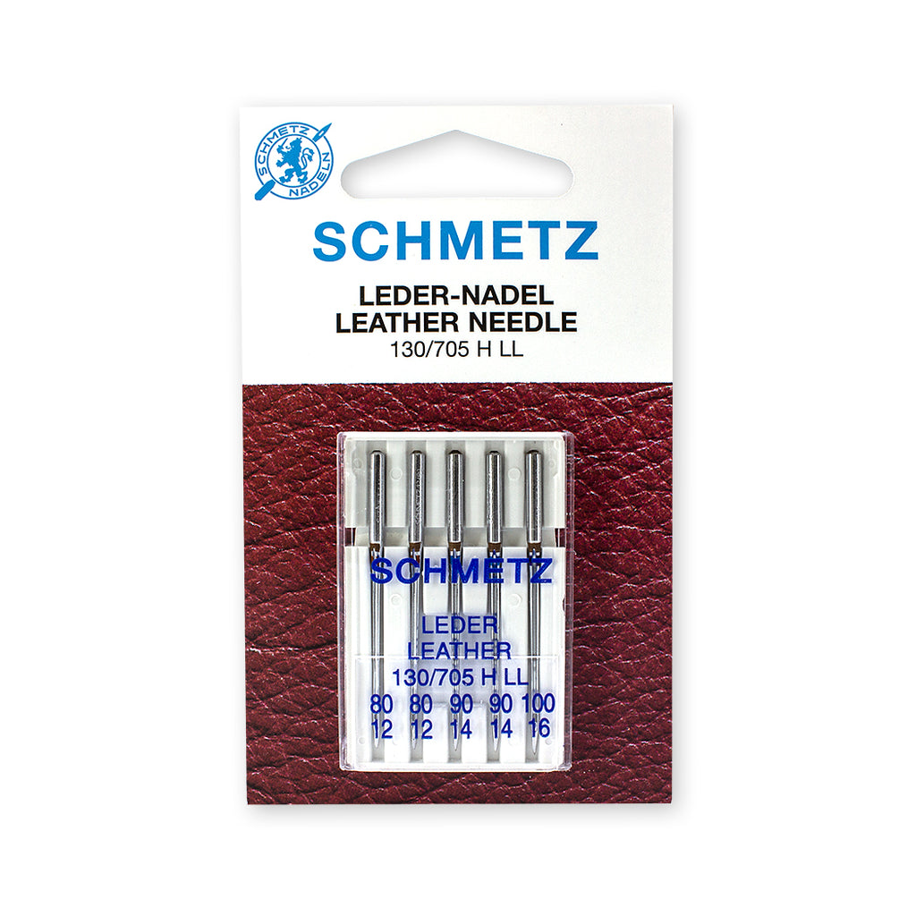 Schmetz Leather Needles, assorted sizes. System 130/705 H LL. Contains 5 needles per card, size 80/12, 90/14 and 100/16.