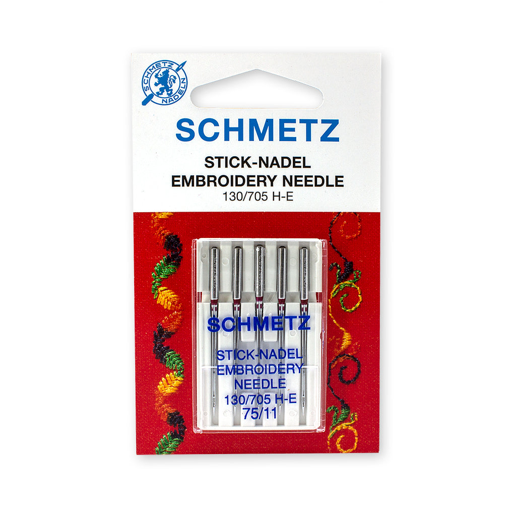 Schmetz Embroidery Needles System 130/705 H-E, size 75/11. One card containing 5 needles.