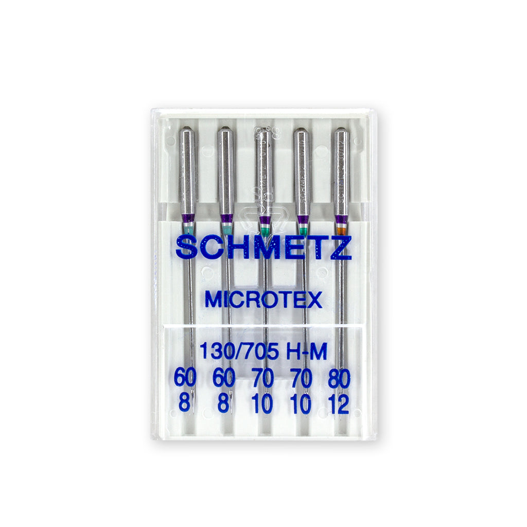 Schmetz Microtex Needles - System130/705 H-E. Assorted sizes: 60/8, 70/10, 80/12. One card containing 5 needles.