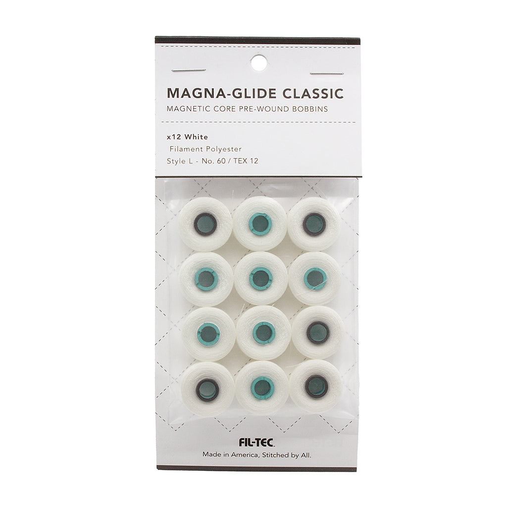 Magna-Glide Classic Style L pre-wound bobbins - 130yds - White. One packet containing 12 bobbins.