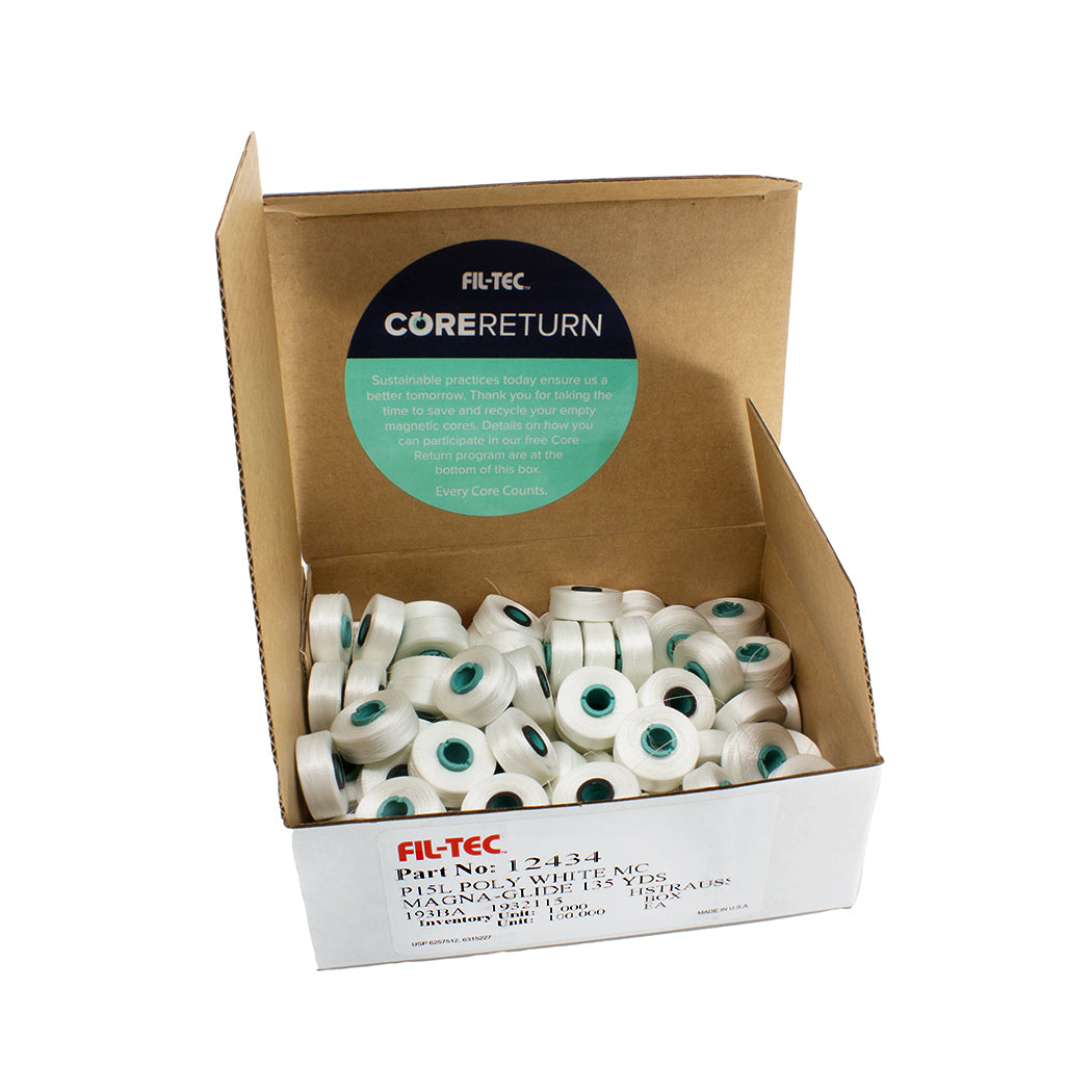 Magna-Glide Classic Style L White - pre-wound bobbins, 100 bobbins per box. By FIL-TEC.